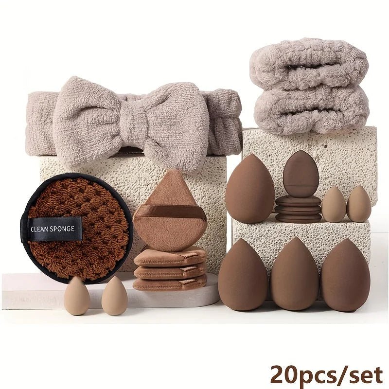 Brown Professional Makeup Brush & Beauty Sponge Set with Powder Puffs and Spa Headband - Web Luxes
