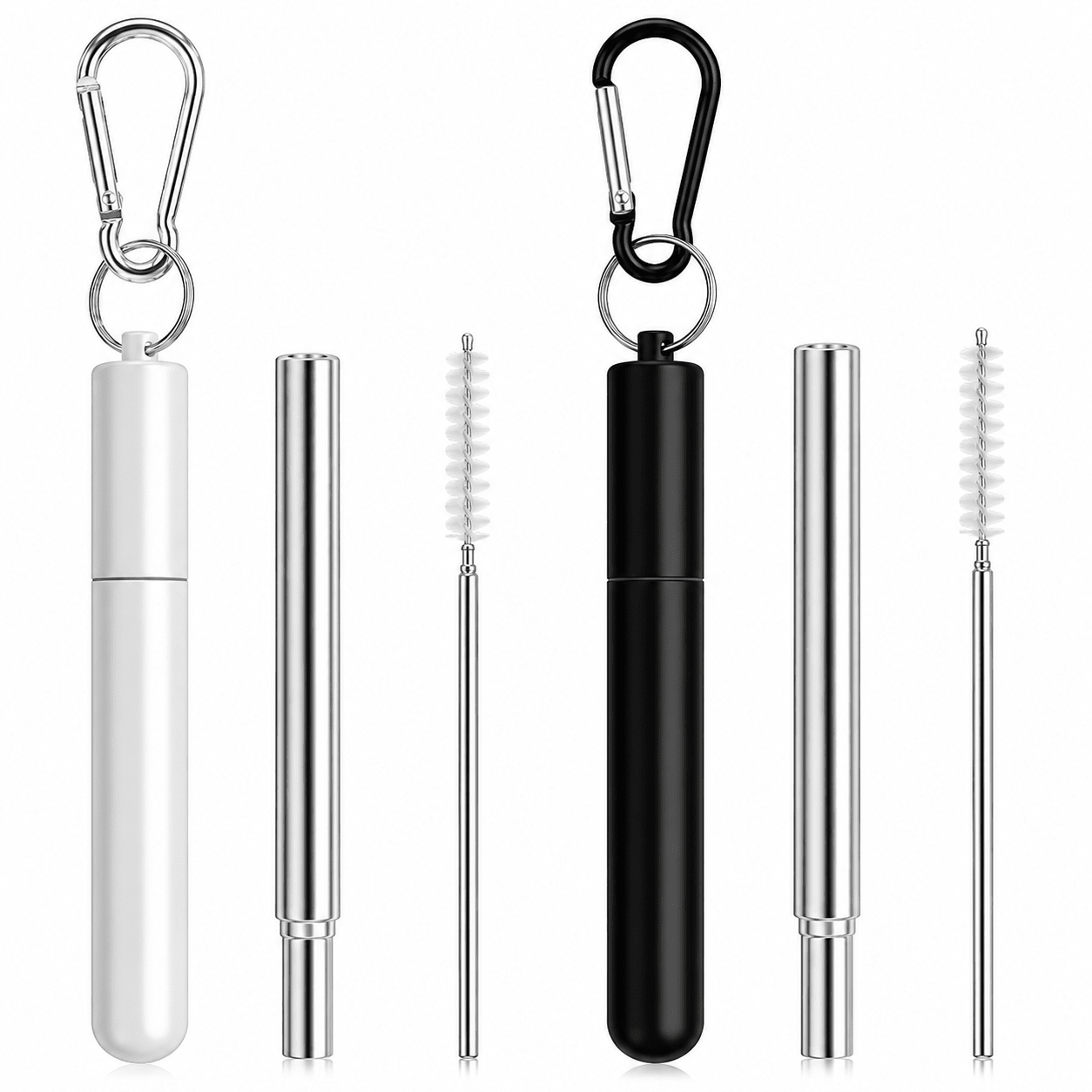 Collapsible Stainless Steel Drinking Straws Set with Aluminum Carrying Case, Cleaning Brush & Keychain – Reusable Portable Metal Straw Kit (Black & Silver) - Web Luxes
