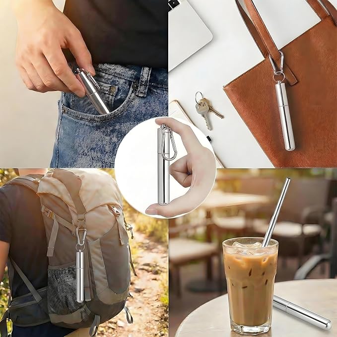 Collapsible Stainless Steel Drinking Straws Set with Aluminum Carrying Case, Cleaning Brush & Keychain – Reusable Portable Metal Straw Kit (Black & Silver) - Web Luxes