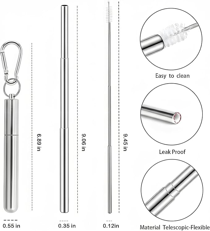 Collapsible Stainless Steel Drinking Straws Set with Aluminum Carrying Case, Cleaning Brush & Keychain – Reusable Portable Metal Straw Kit (Black & Silver) - Web Luxes