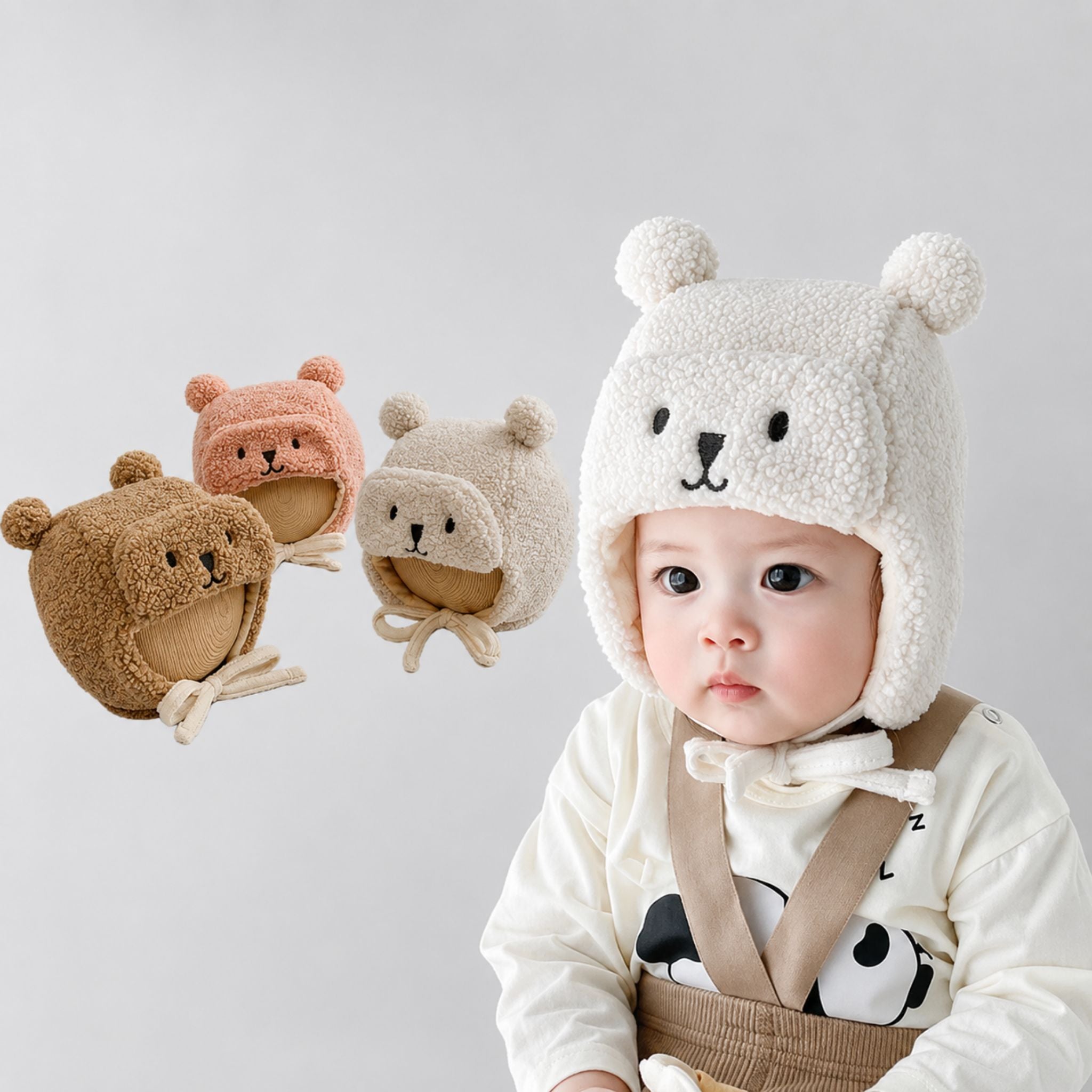 Cute Bear Baby Winter Hat with Earflaps Warm Fleece Toddler Beanie Cap - Web Luxes