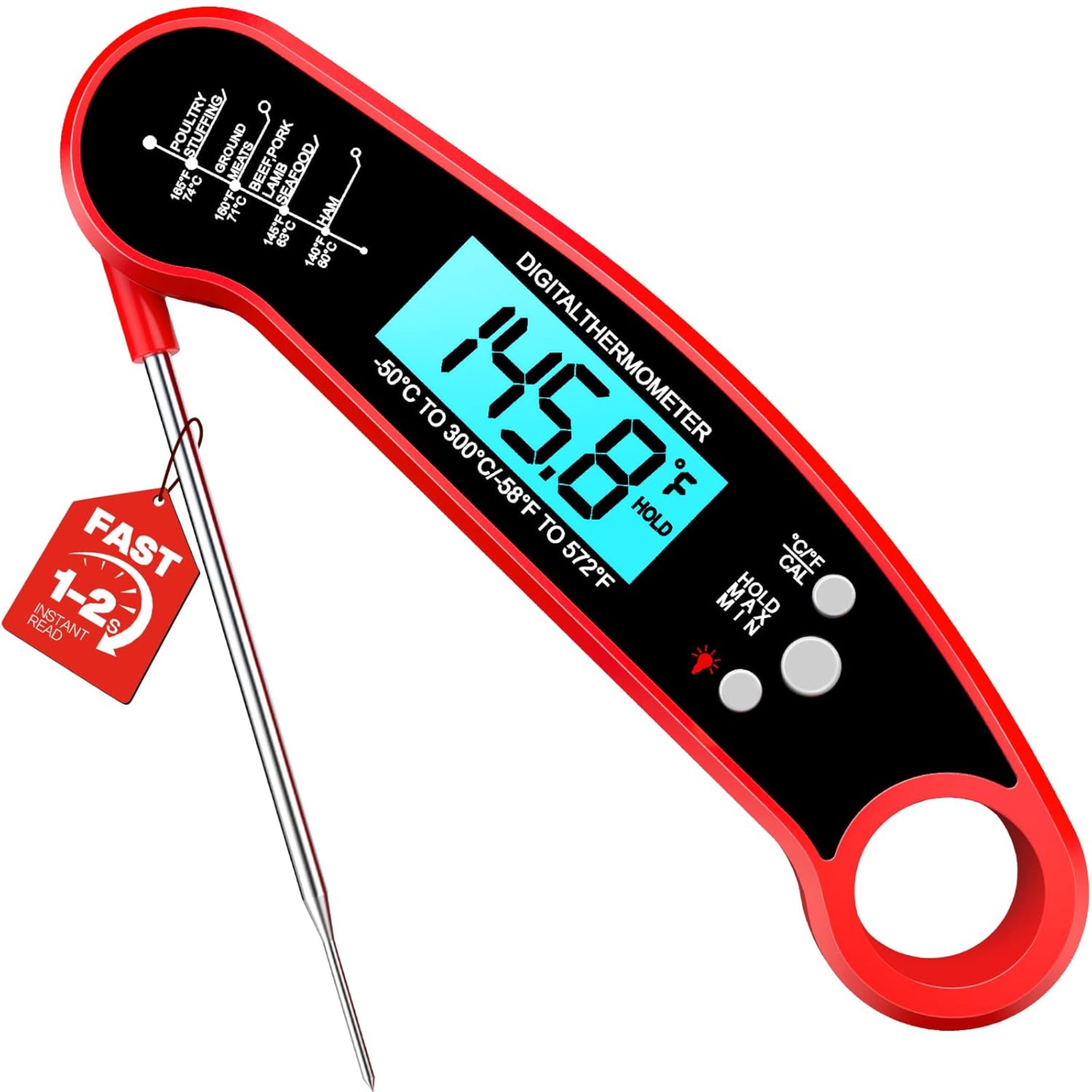 Digital Instant Read Meat Thermometer with Foldable Probe - Fast Food Thermometer for BBQ, Grilling, Air Fryer, Smoker, Cooking & Candy Making