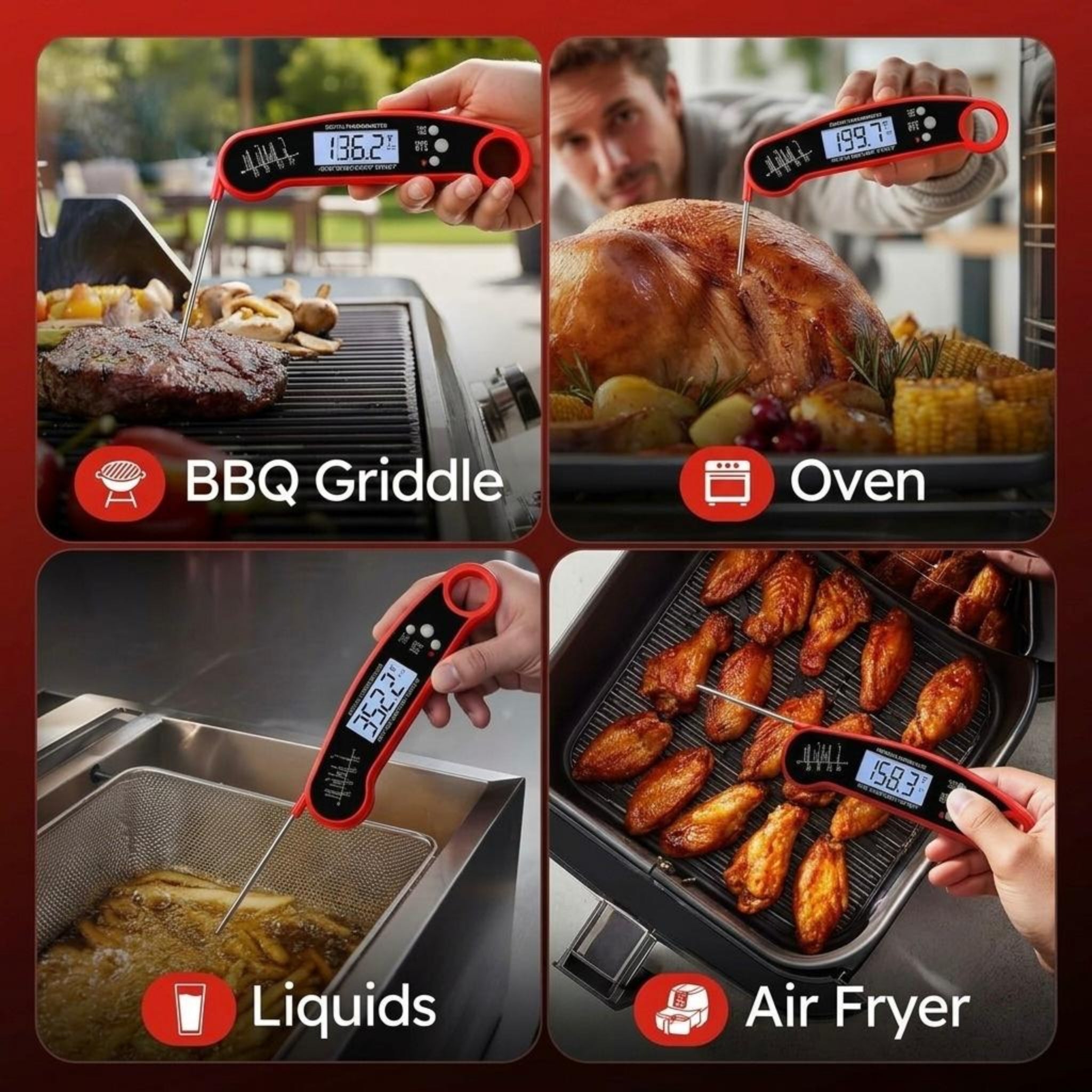 Digital Instant Read Meat Thermometer with Foldable Probe - Fast Food Thermometer for BBQ, Grilling, Air Fryer, Smoker, Cooking & Candy Making