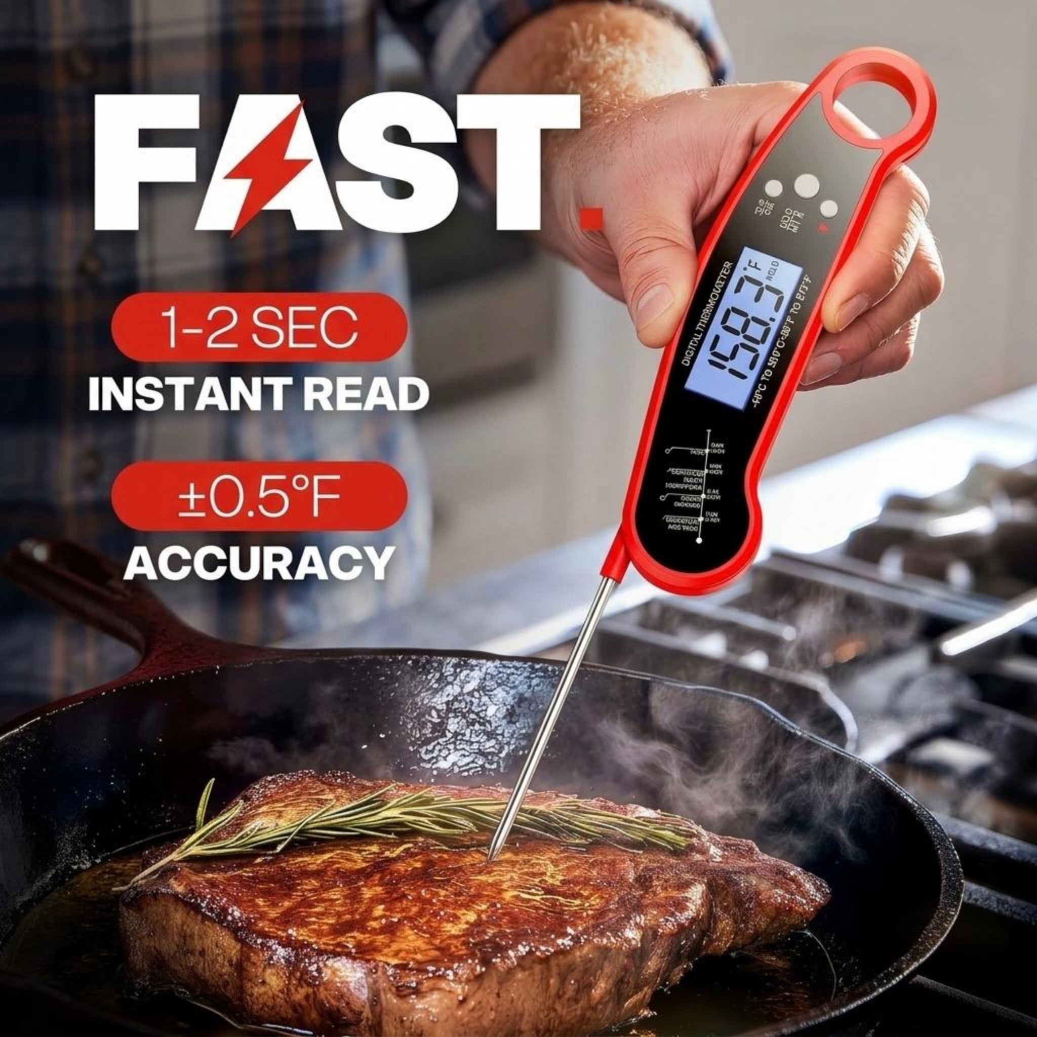 Digital Instant Read Meat Thermometer with Foldable Probe - Fast Food Thermometer for BBQ, Grilling, Air Fryer, Smoker, Cooking & Candy Making