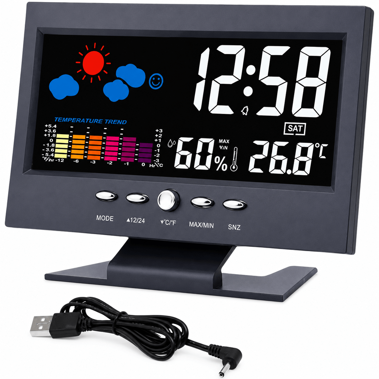 Digital Weather Station Alarm Clock – Color LCD Display with Indoor Temperature, Humidity, Calendar, Weather Forecast & Snooze for Bedroom, Office & Desk - WebLuxes Store