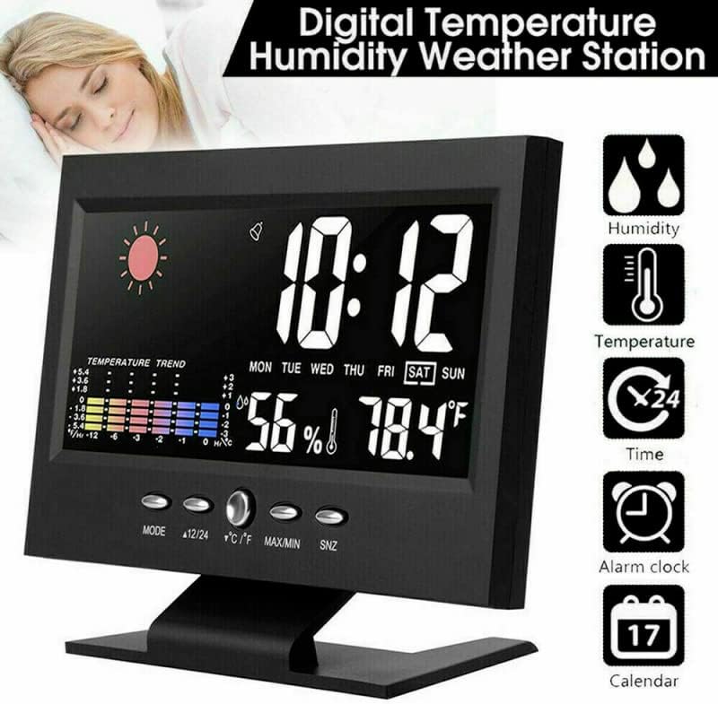 Digital Weather Station Alarm Clock – Color LCD Display with Indoor Temperature, Humidity, Calendar, Weather Forecast & Snooze for Bedroom, Office & Desk - WebLuxes Store