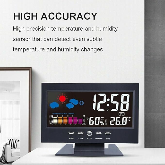 Digital Weather Station Alarm Clock – Color LCD Display with Indoor Temperature, Humidity, Calendar, Weather Forecast & Snooze for Bedroom, Office & Desk - WebLuxes Store