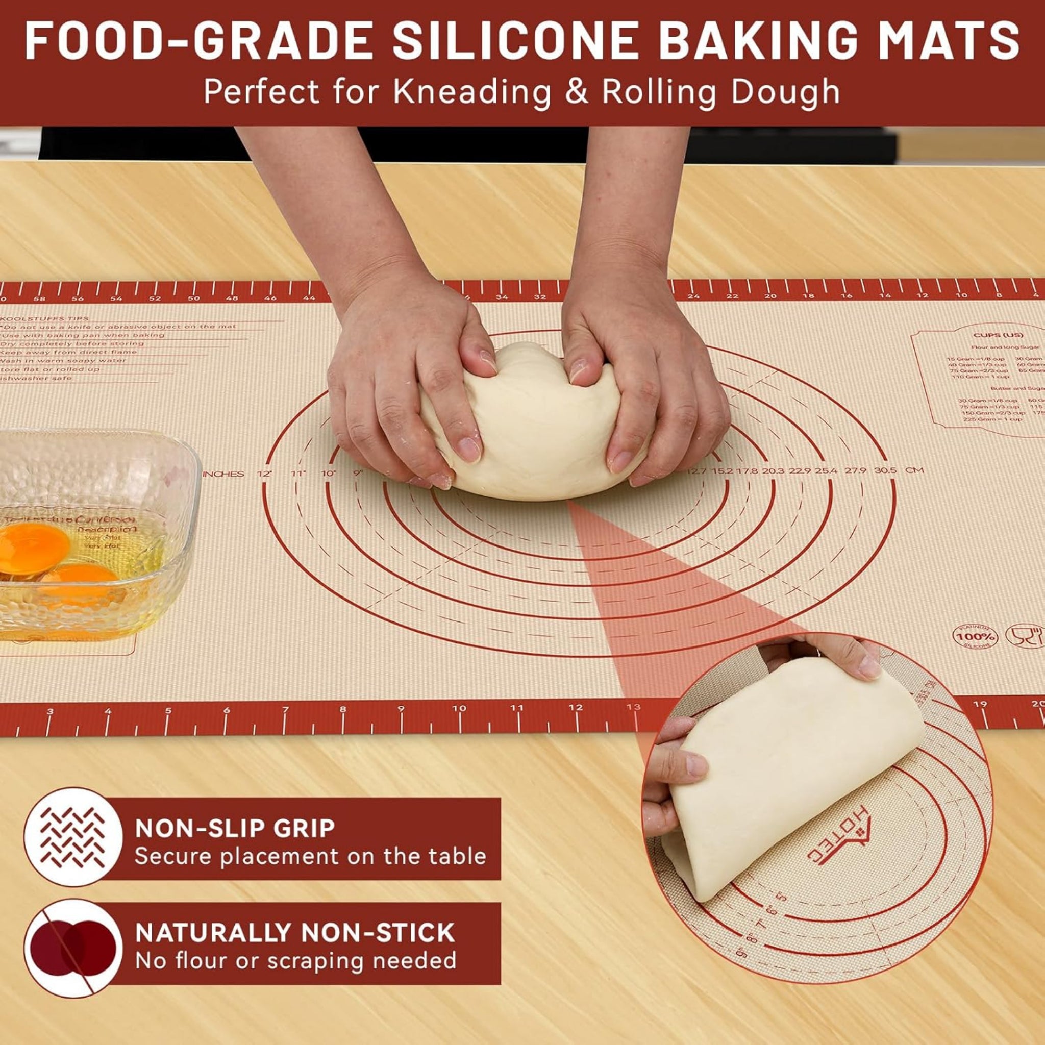 Extra Large Silicone Baking Mat with Measurements - Non-Stick Pastry Rolling Mat for Dough, Pizza, Bread & Baking