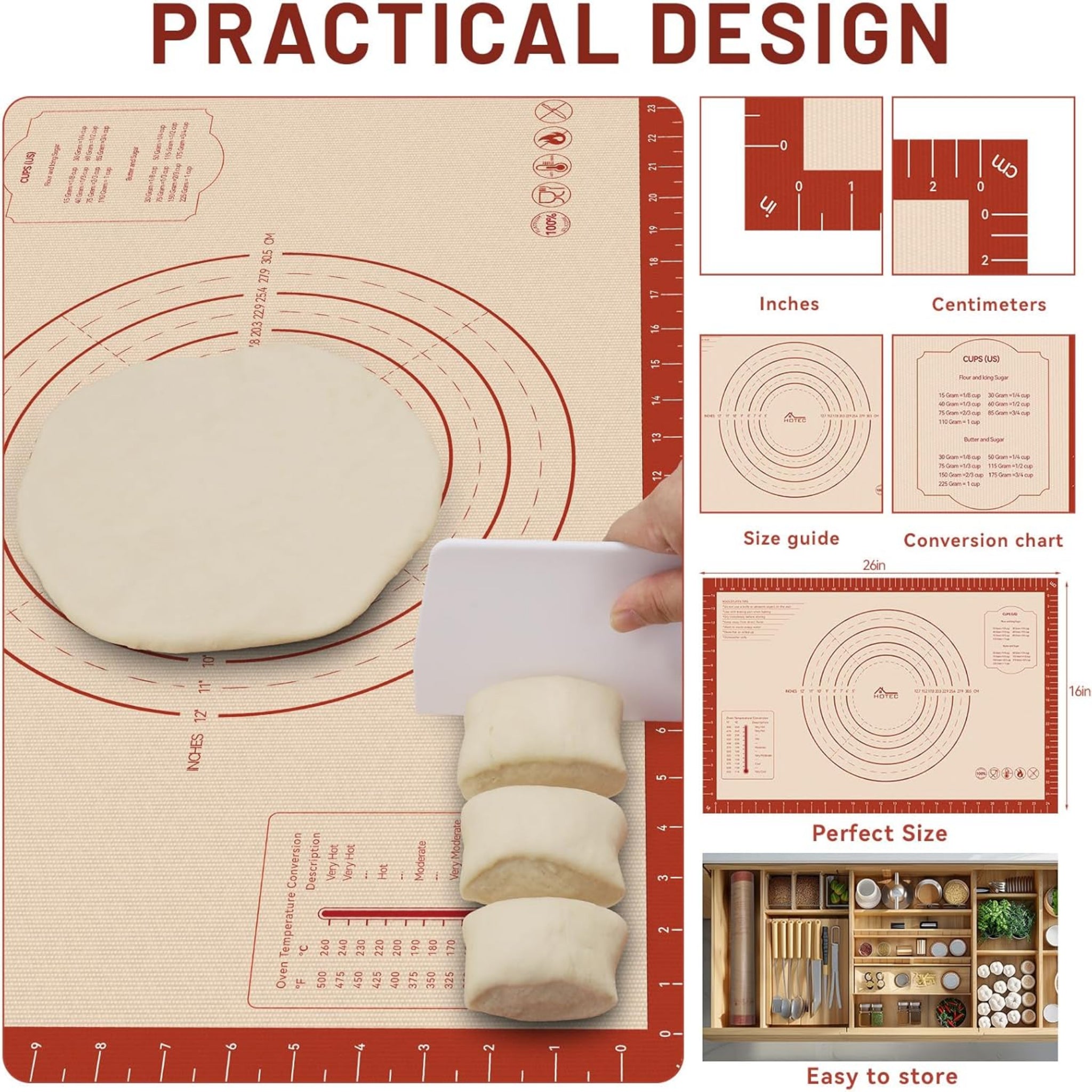 Extra Large Silicone Baking Mat with Measurements - Non-Stick Pastry Rolling Mat for Dough, Pizza, Bread & Baking