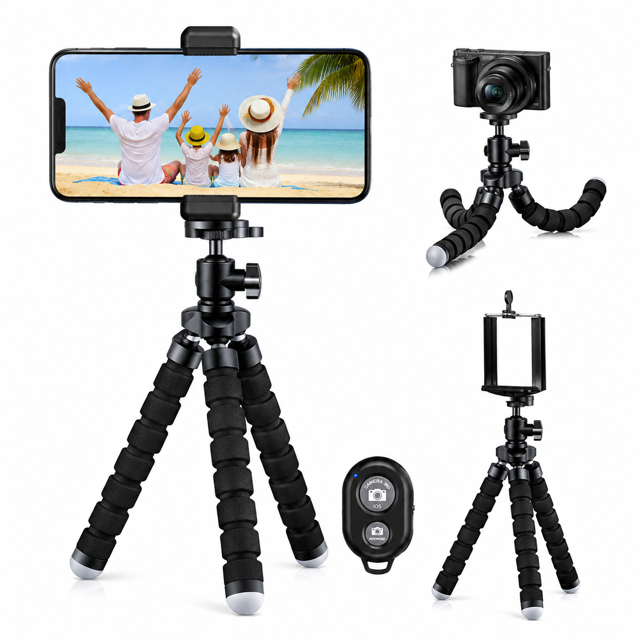 Flexible Mini Tripod for Phone & Camera with Smartphone Holder, Ball Head & Bluetooth Remote