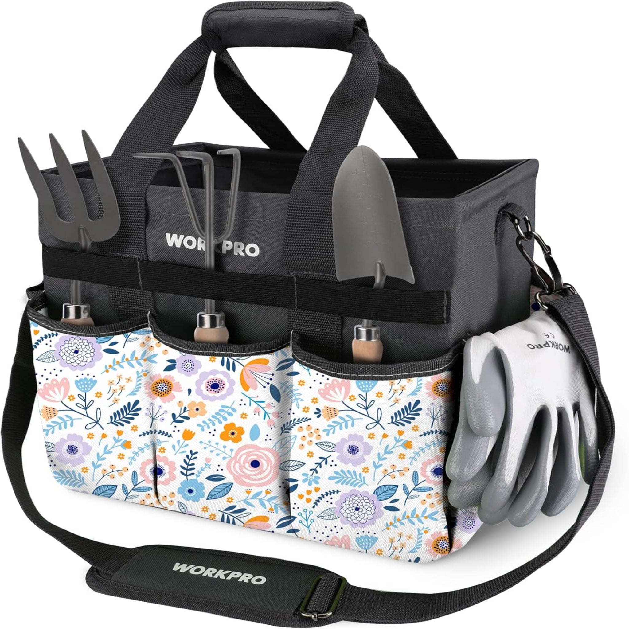 Heavy Duty Garden Tool Organizer Bag with 10 Pockets - Stand-Up Gardening Tote with Adjustable Shoulder Strap (Tools Not Included)