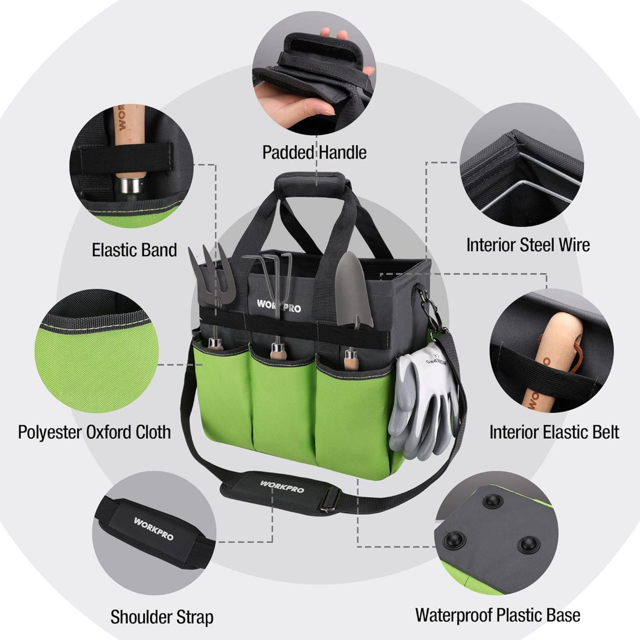 Heavy Duty Garden Tool Organizer Bag with 10 Pockets - Stand-Up Gardening Tote with Adjustable Shoulder Strap (Tools Not Included)