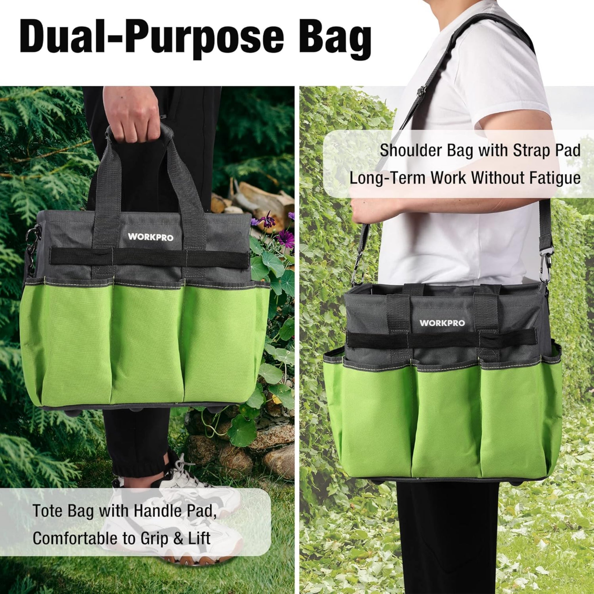 Heavy Duty Garden Tool Organizer Bag with 10 Pockets - Stand-Up Gardening Tote with Adjustable Shoulder Strap (Tools Not Included)