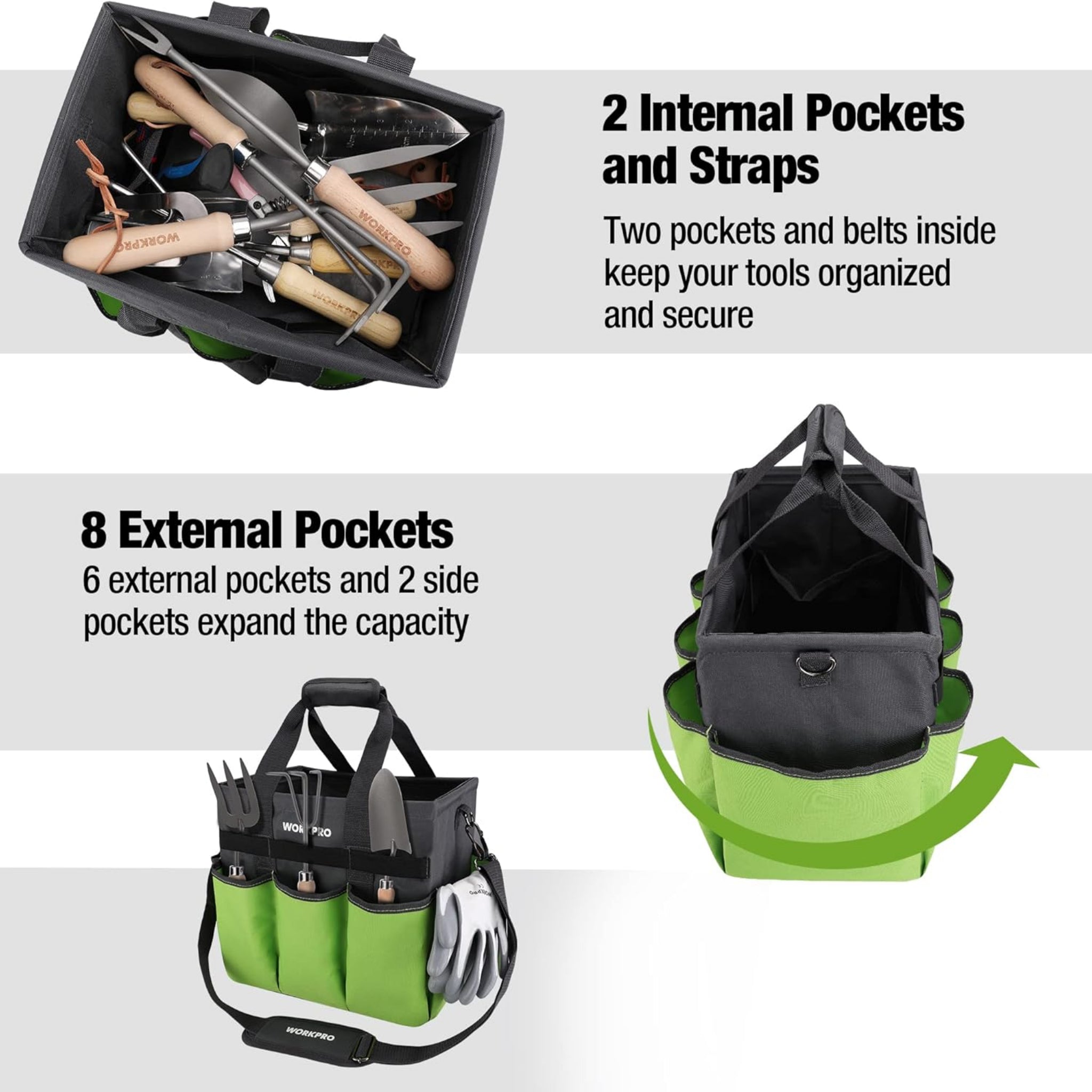 Heavy Duty Garden Tool Organizer Bag with 10 Pockets - Stand-Up Gardening Tote with Adjustable Shoulder Strap (Tools Not Included)