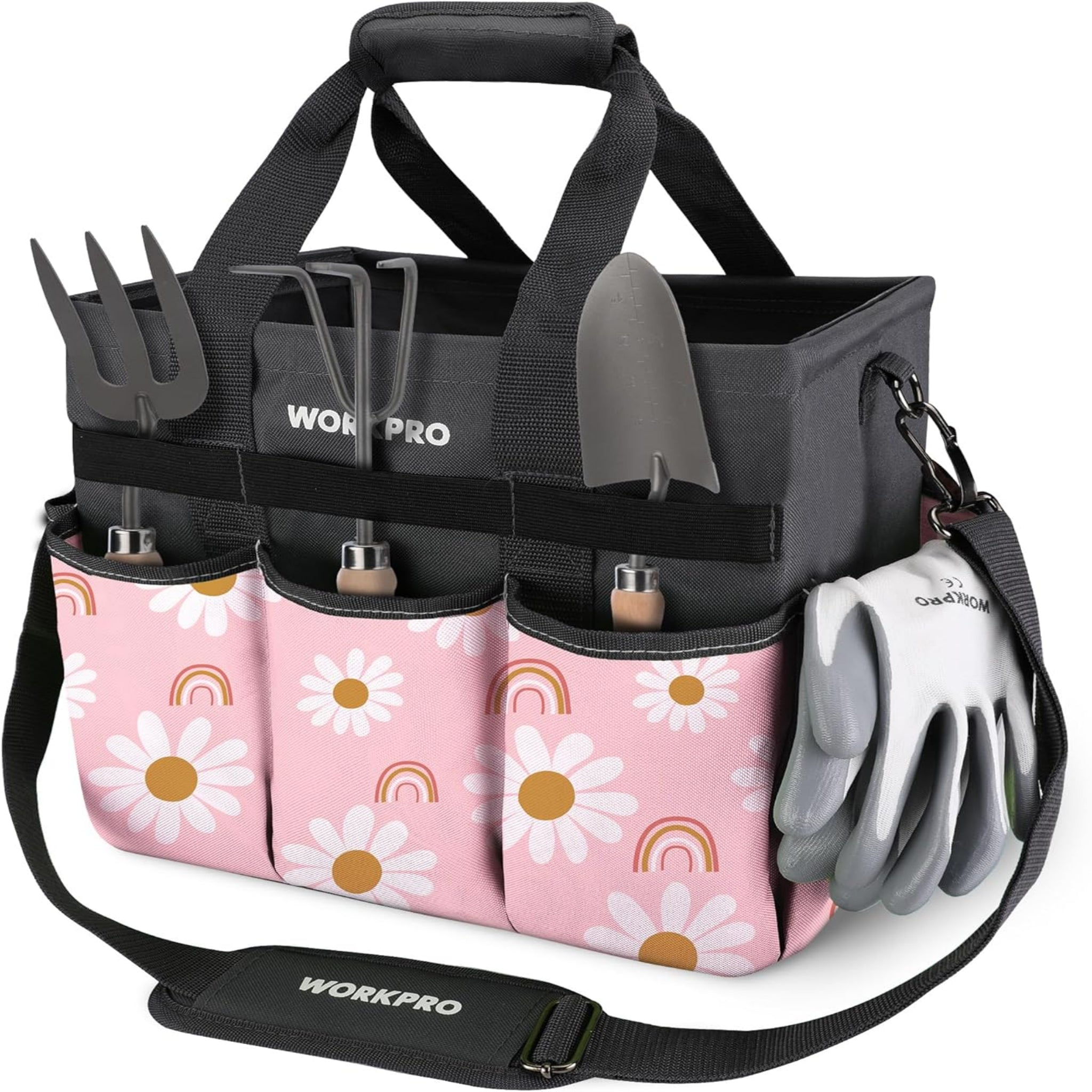 Heavy Duty Garden Tool Organizer Bag with 10 Pockets - Stand-Up Gardening Tote with Adjustable Shoulder Strap (Tools Not Included)