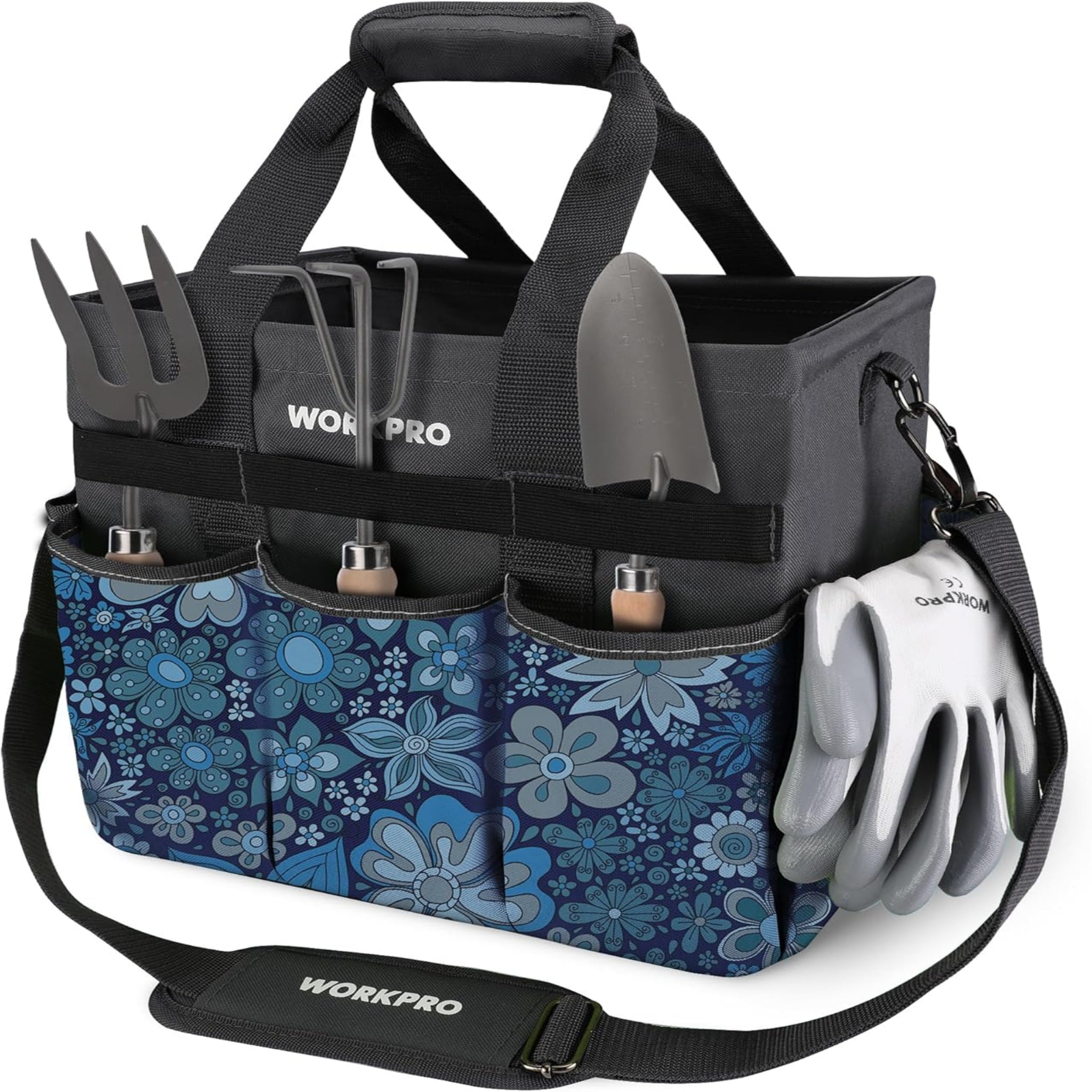 Heavy Duty Garden Tool Organizer Bag with 10 Pockets - Stand-Up Gardening Tote with Adjustable Shoulder Strap (Tools Not Included)