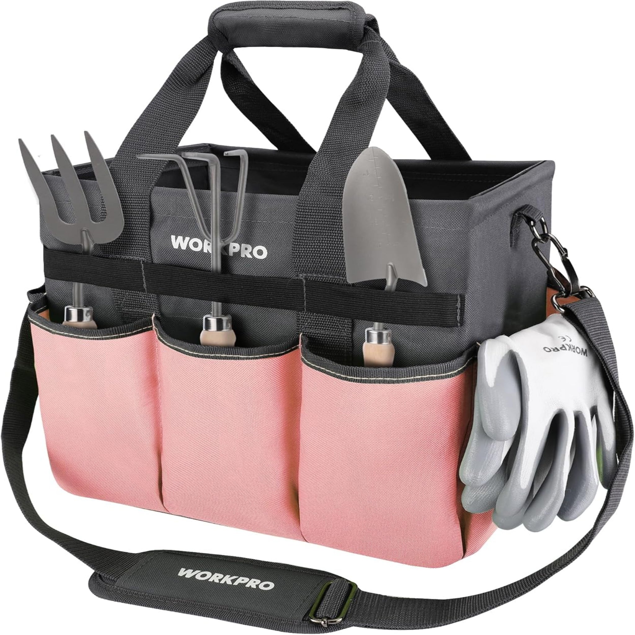 Heavy Duty Garden Tool Organizer Bag with 10 Pockets - Stand-Up Gardening Tote with Adjustable Shoulder Strap (Tools Not Included)