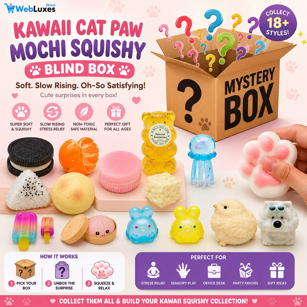Kawaii Cat Paw Mochi Squishy Blind Box, Soft Slow Rising Stress Relief Fidget Toy, Cute Sensory Squeeze Toy Collectible