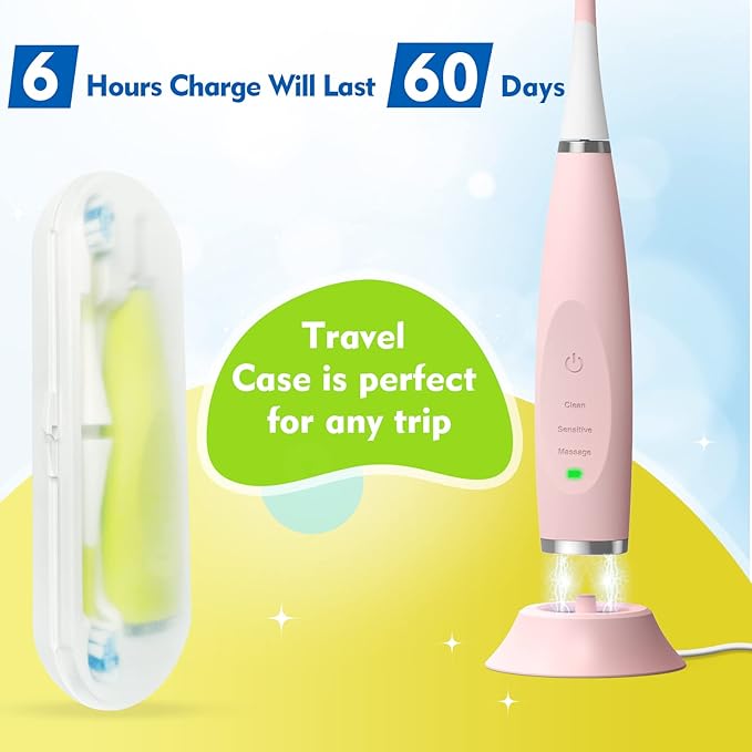Rechargeable Toothbrush for Kids with 6 Brush Heads – Children's Sonic Toothbrush, 3 Modes & Smart Timer (Pink) - WebLuxes Store
