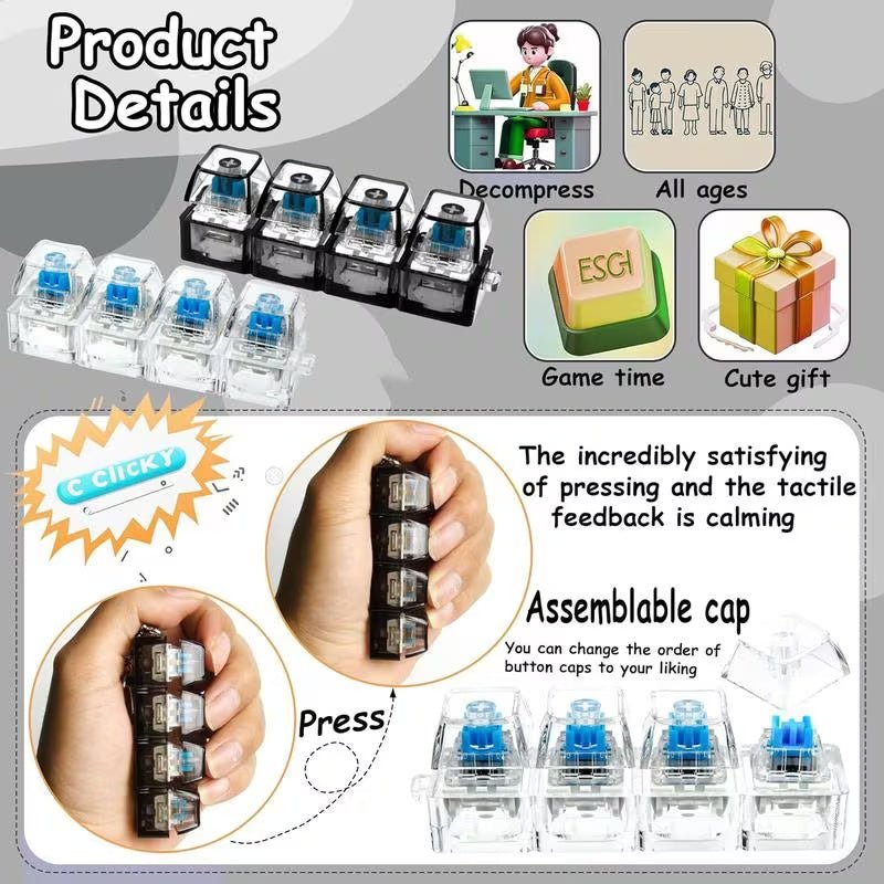 LED Light Up Clickable Keyboard Keychain, Mechanical Key Switch Stress Relief Fidget Toy with Click Button for Office & Everyday Carry - WebLuxes Store