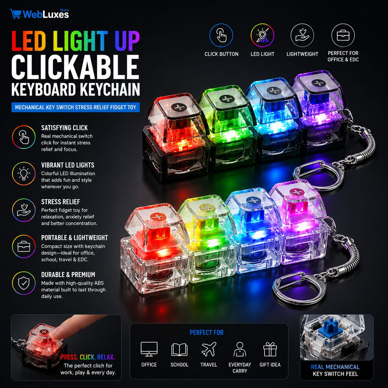 LED Light Up Clickable Keyboard Keychain, Mechanical Key Switch Stress Relief Fidget Toy with Click Button for Office & Everyday Carry