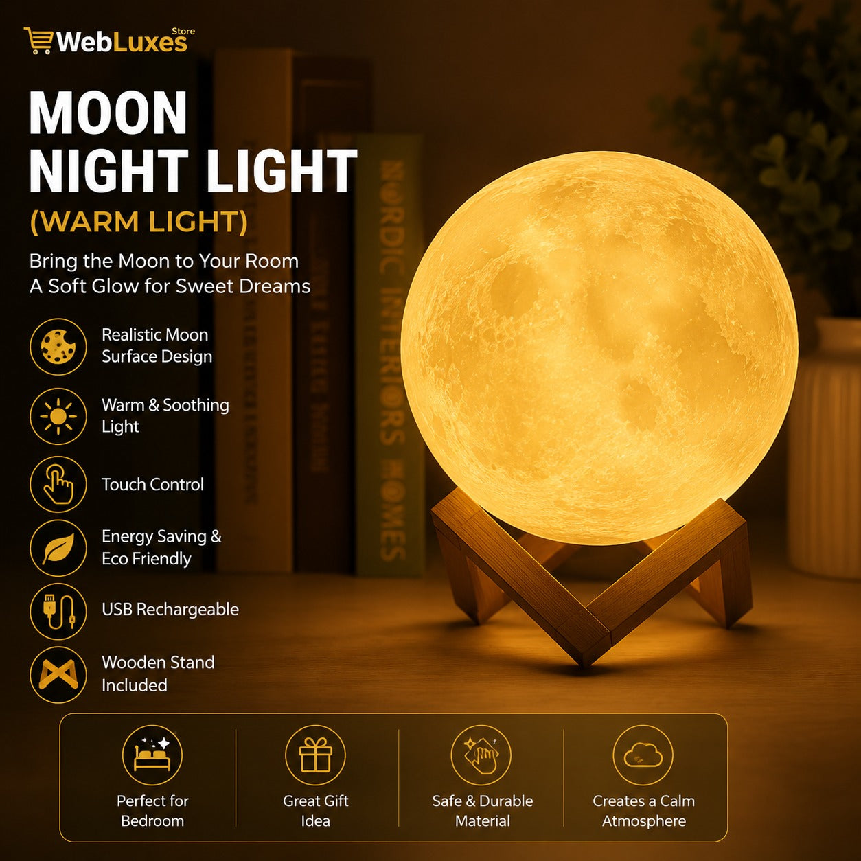 LED Moon Lamp Night Light - Battery Powered Starry Decor