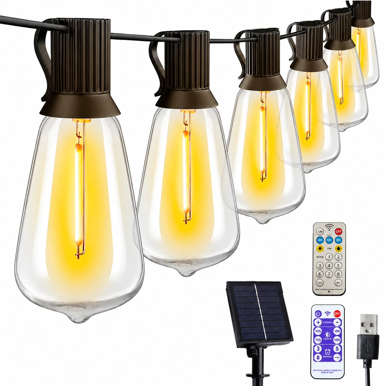 LED ST38 Solar String Lights USB Outdoor Patio Lighting