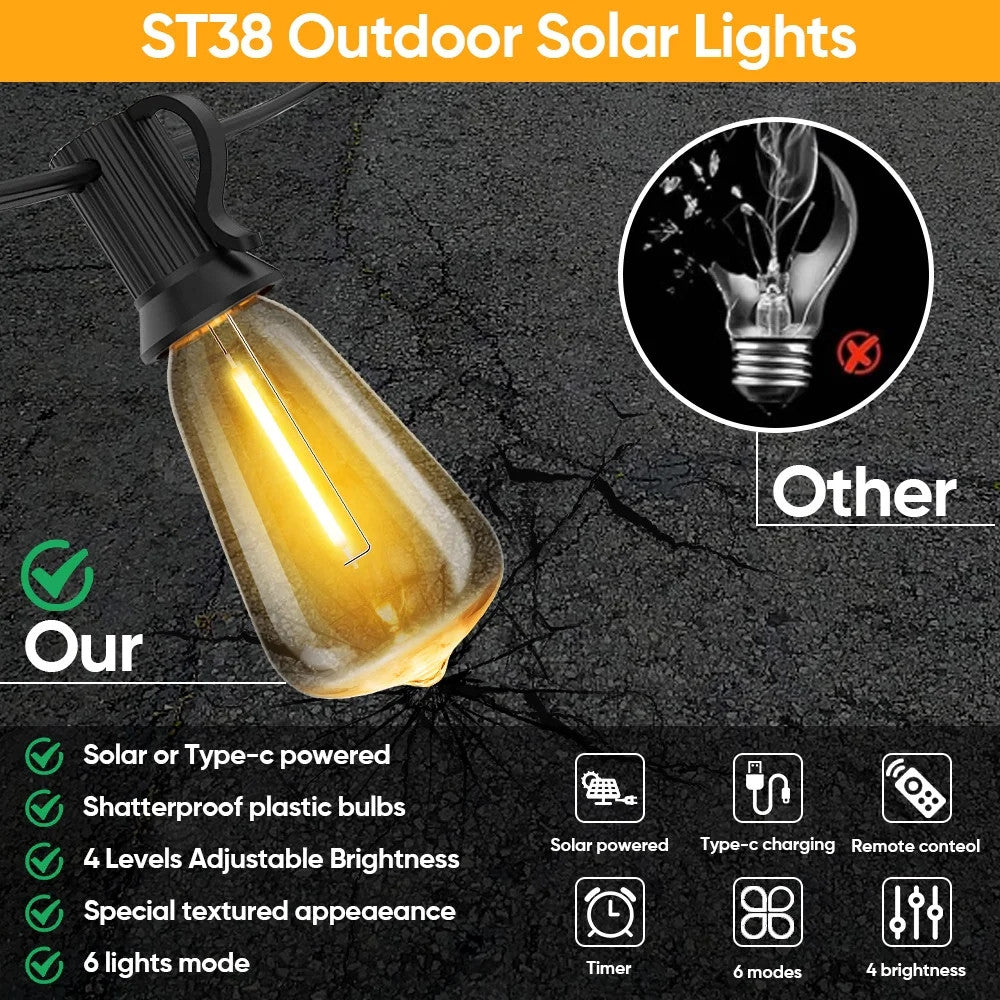 LED ST38 Solar String Lights USB Outdoor Patio Lighting