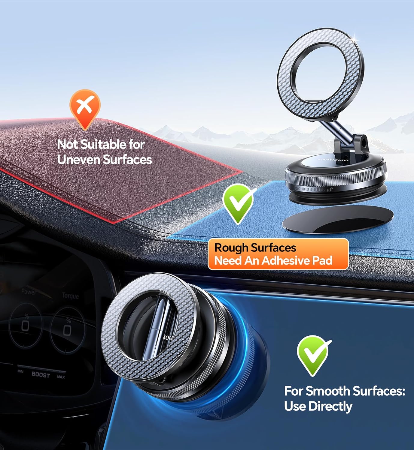 Vacuum Magnetic Car Phone Mount with Adjustable Suction Cup, 360° Rotating Dashboard & Windshield Phone Holder for MagSafe-Compatible Phones - WebLuxes Store