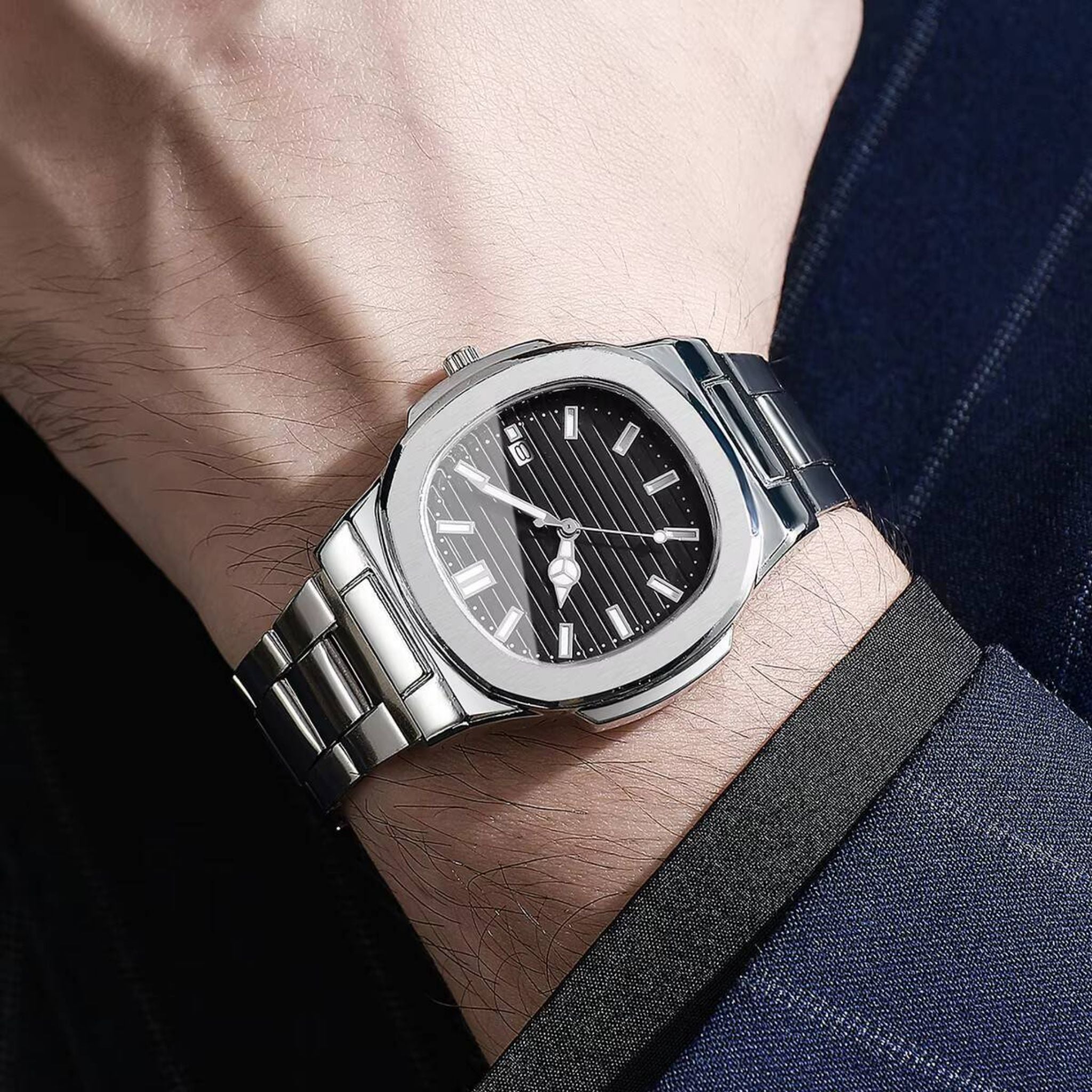 Men's Square Dial Quartz Watch with Stainless Steel Strap & Calendar - Web Luxes