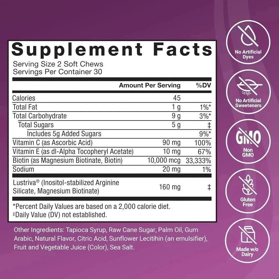 Hair Growth Soft Chew Vitamins for Women, Biotin & Hair Support Supplement for Stronger, Thicker Looking Hair, 60 Soft Chews - WebLuxes Store