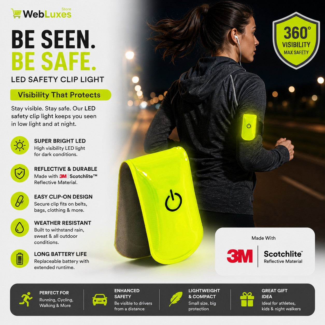 Night Running Reflector Light Magnetic LED Safety Clip | Rechargeable Outdoor Running & Cycling Light