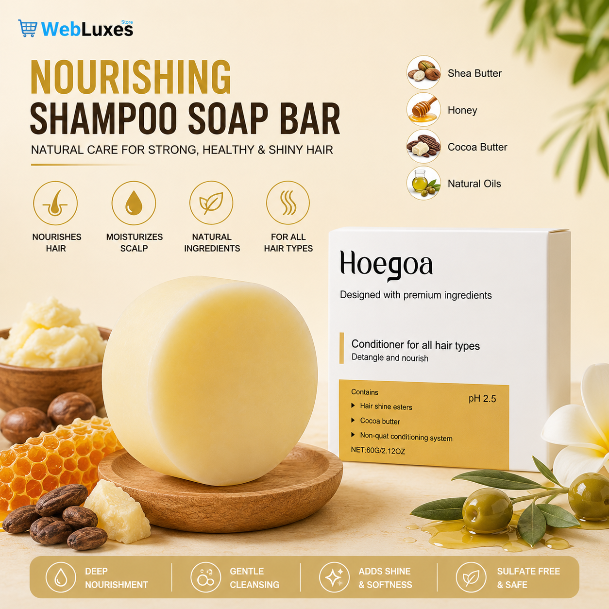 Nourishing Shampoo Soap Bar with Shea Butter, Honey, Cocoa Butter & Natural Oils for Hair Care