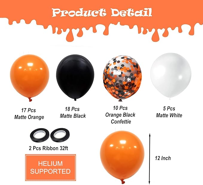 50 Piece Halloween Balloon Decoration Kit, 12 Inch Black, Orange, White & Confetti Latex Balloons for Halloween Party Decorations - WebLuxes Store