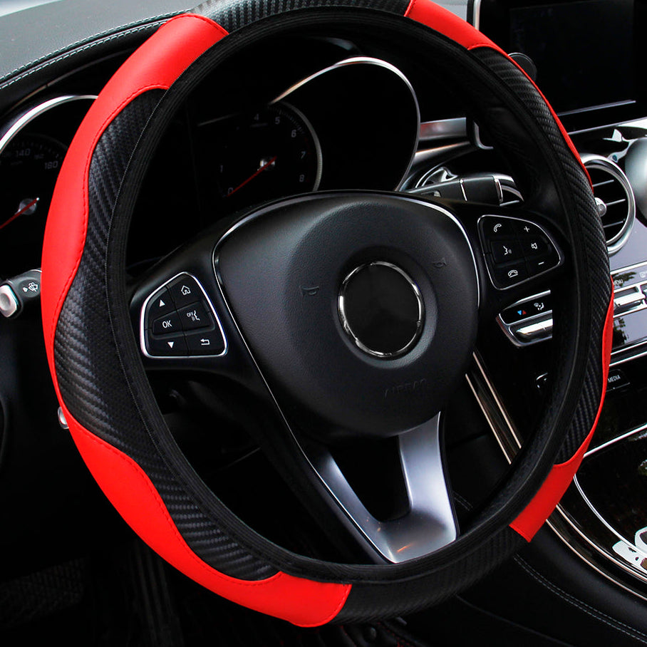 PU Leather Carbon Fiber Steering Wheel Cover for 14.5–15 Inch Steering Wheels