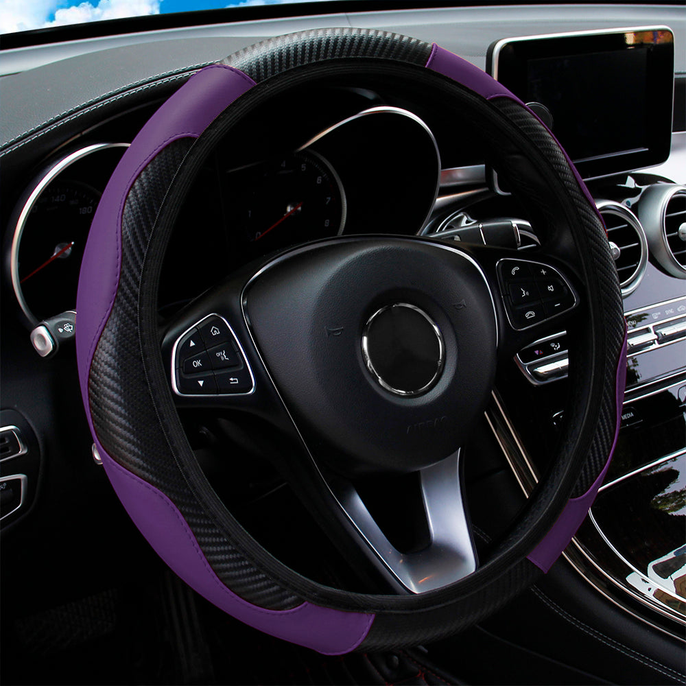 PU Leather Carbon Fiber Steering Wheel Cover for 14.5–15 Inch Steering Wheels