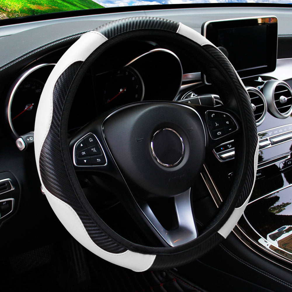 PU Leather Carbon Fiber Steering Wheel Cover for 14.5–15 Inch Steering Wheels