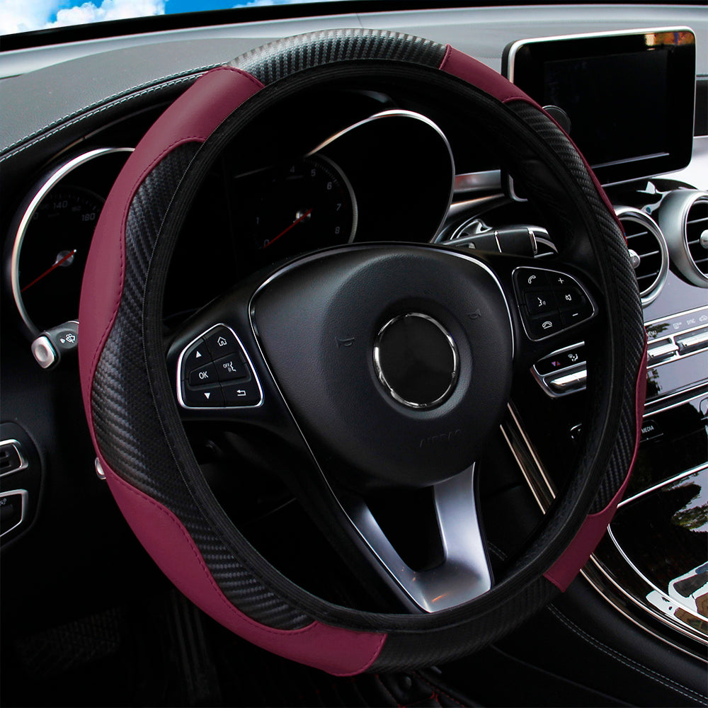 PU Leather Carbon Fiber Steering Wheel Cover for 14.5–15 Inch Steering Wheels
