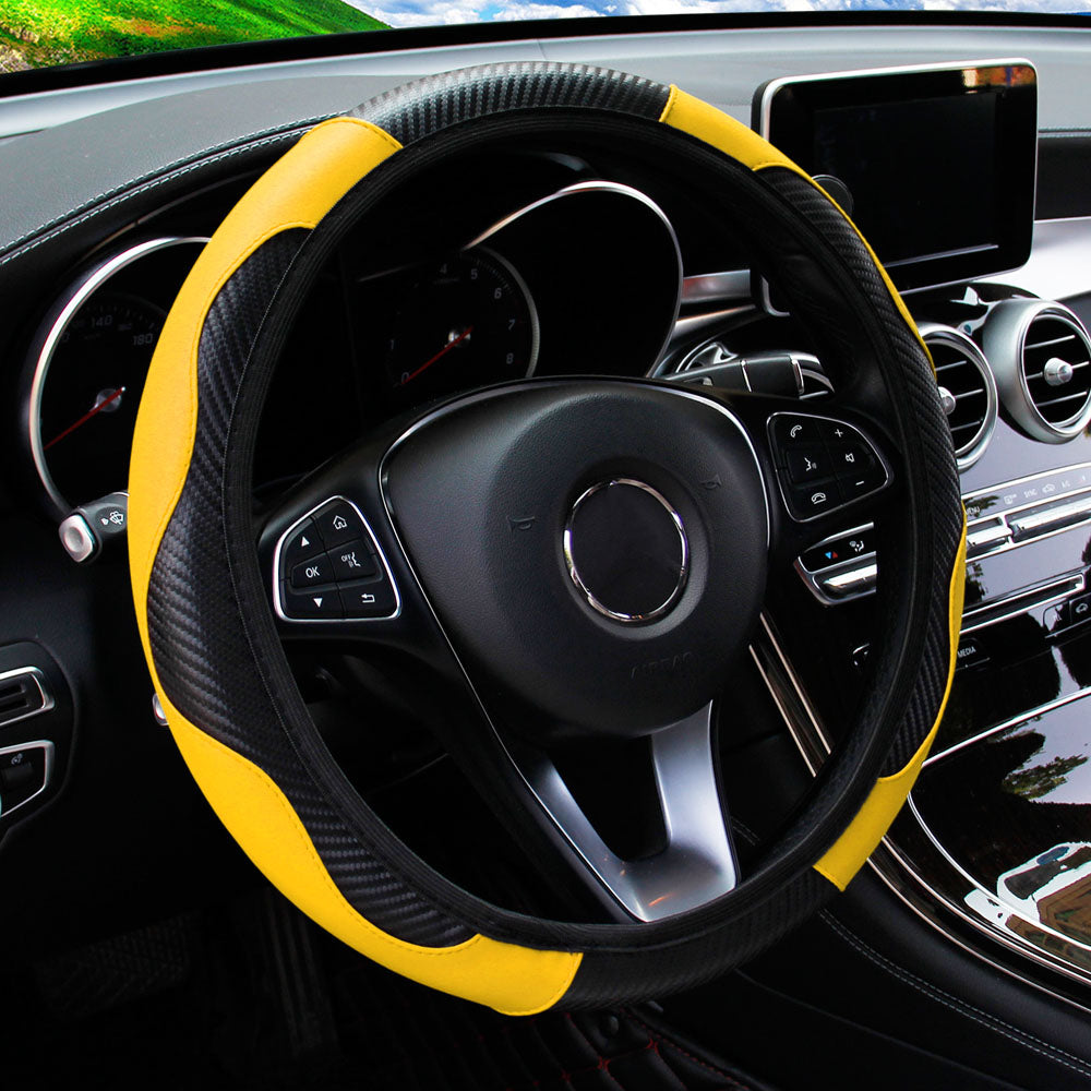 PU Leather Carbon Fiber Steering Wheel Cover for 14.5–15 Inch Steering Wheels
