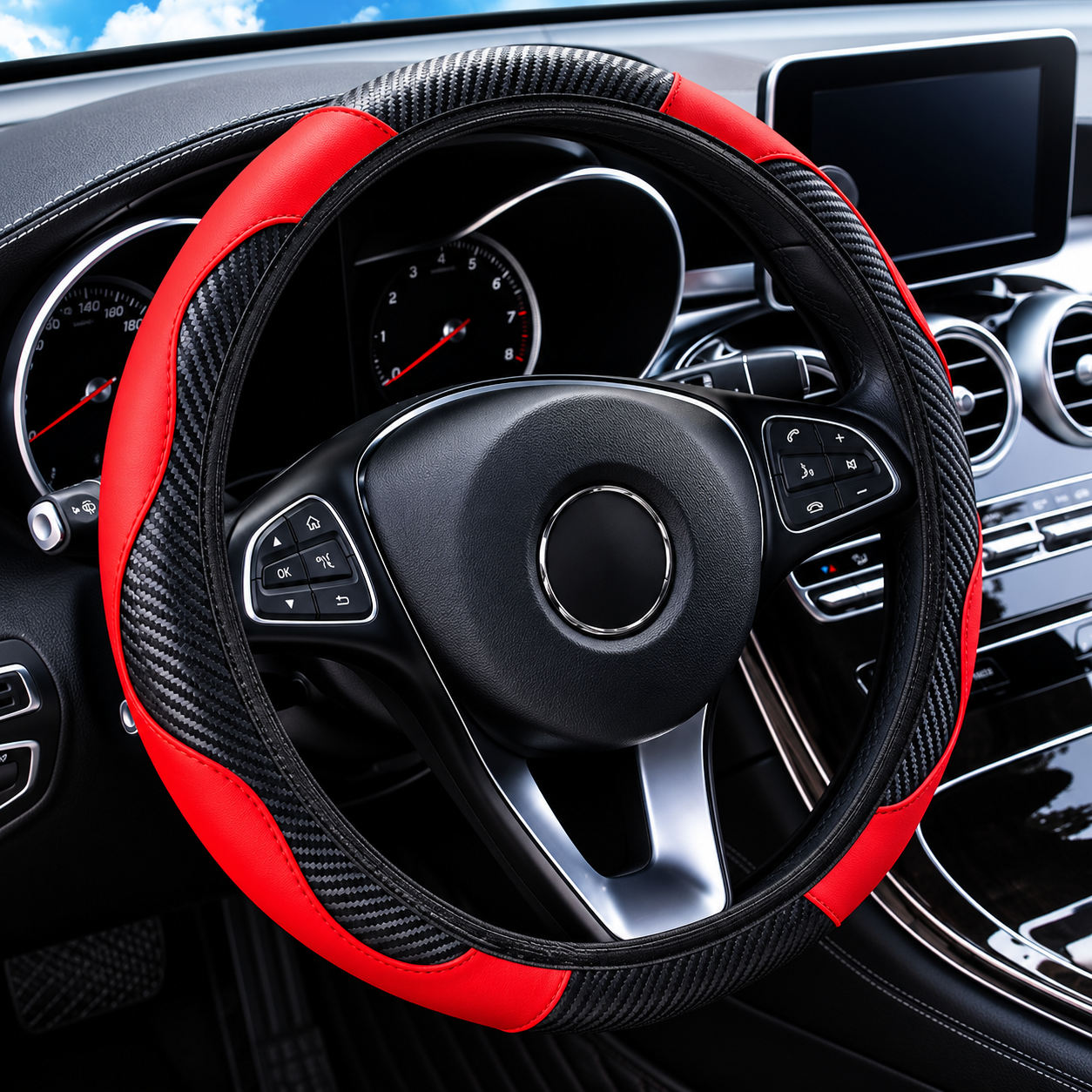 PU Leather Carbon Fiber Steering Wheel Cover for 14.5–15 Inch Steering Wheels