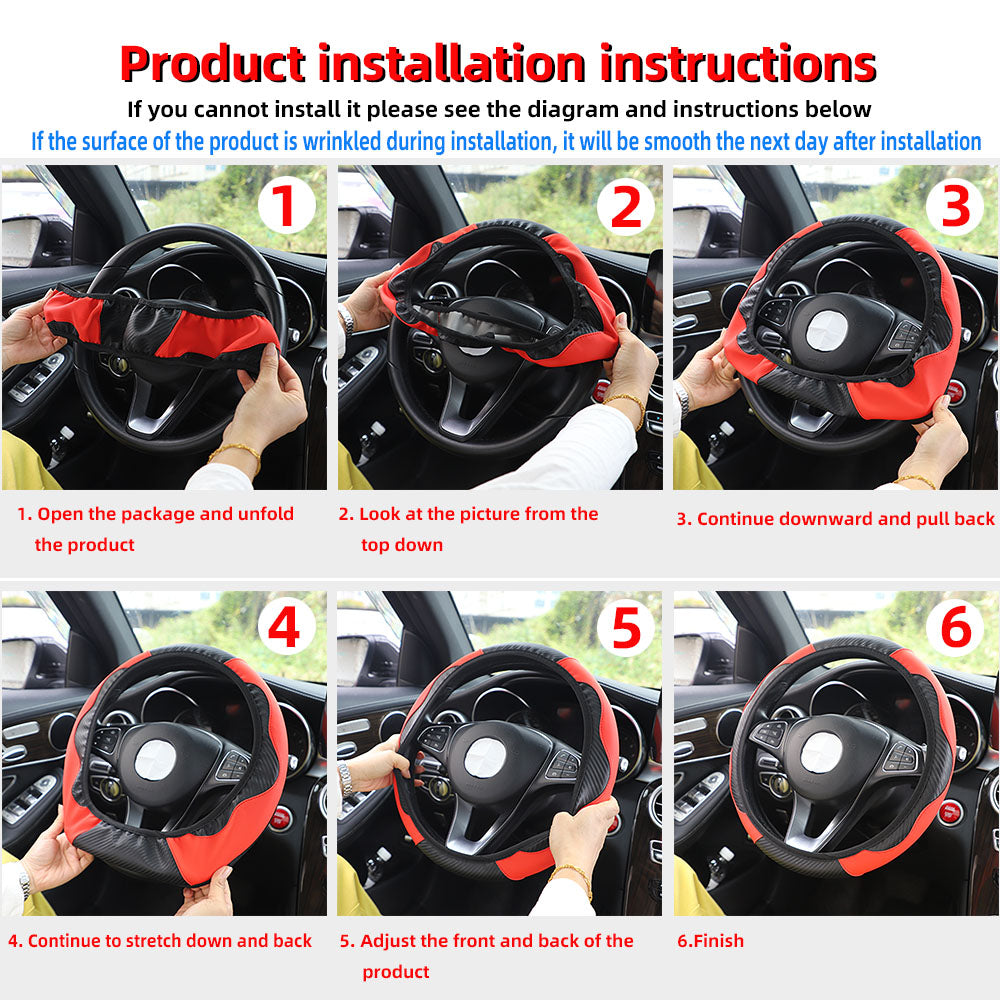 PU Leather Carbon Fiber Steering Wheel Cover for 14.5–15 Inch Steering Wheels