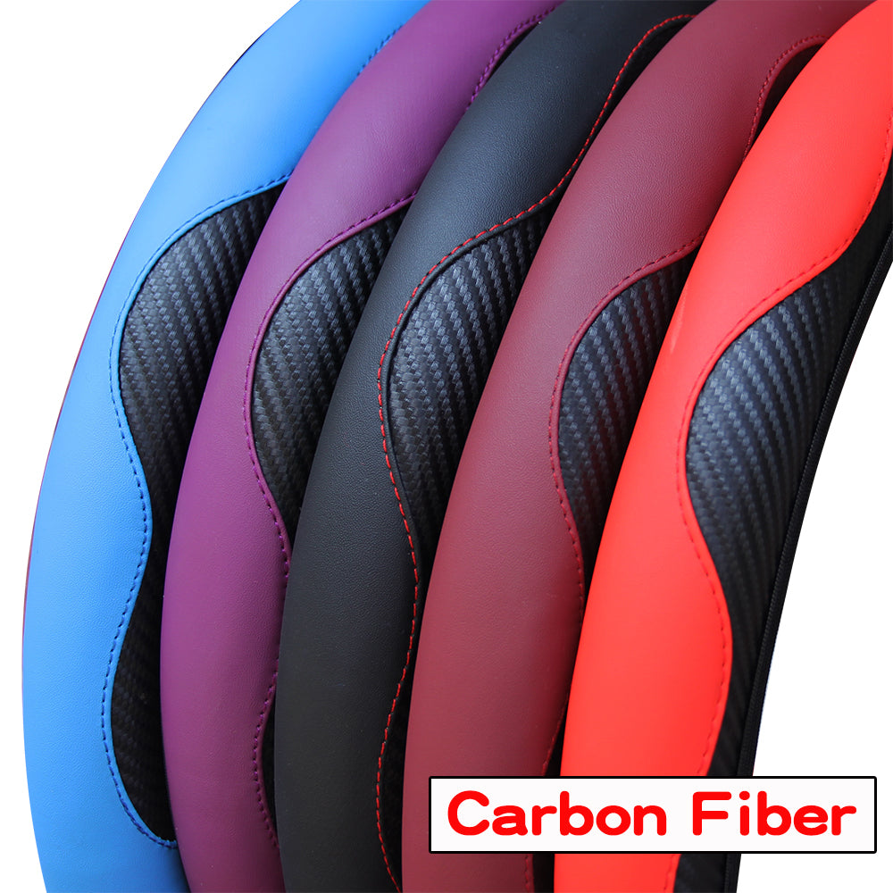 PU Leather Carbon Fiber Steering Wheel Cover for 14.5–15 Inch Steering Wheels