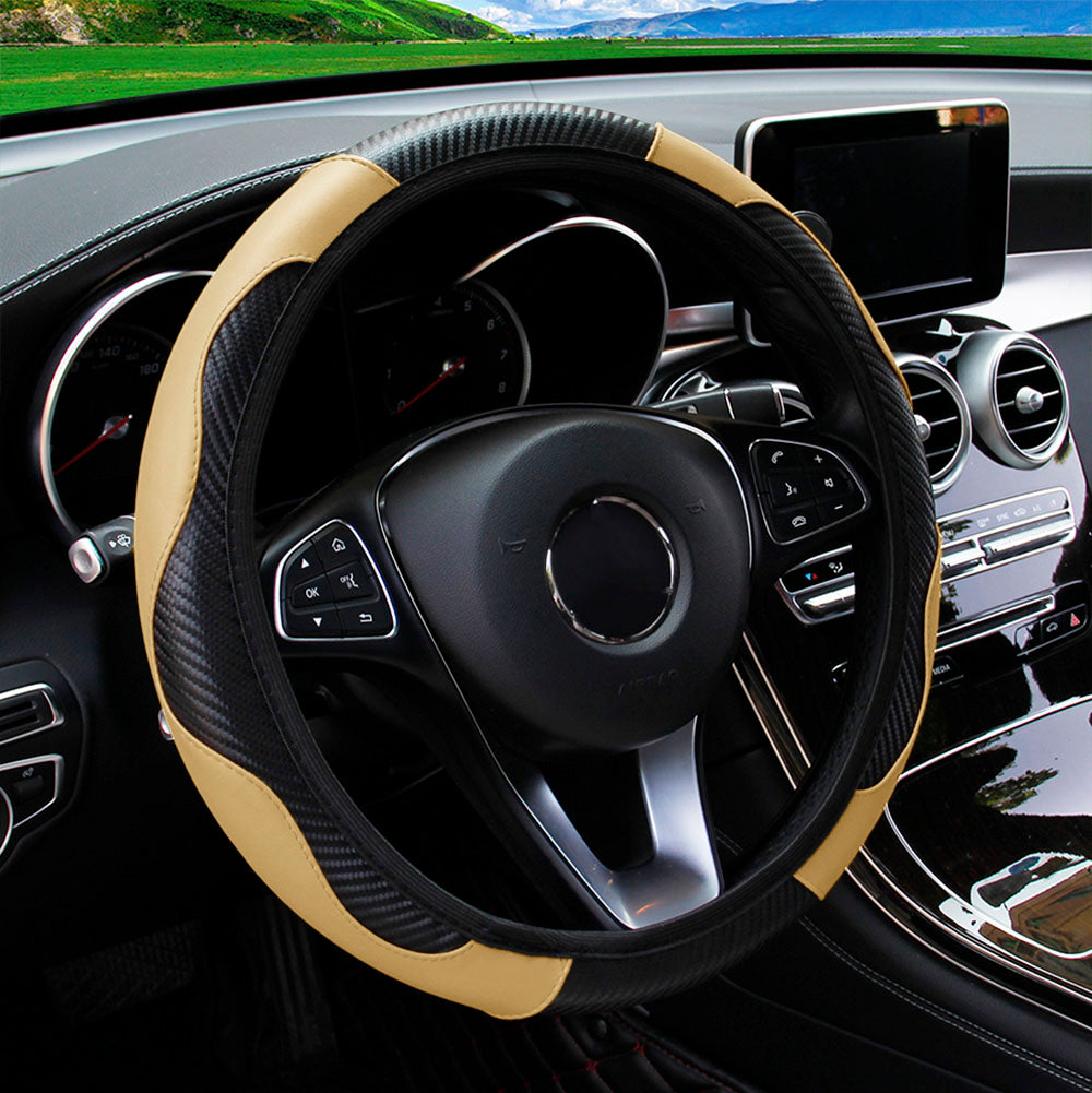 PU Leather Carbon Fiber Steering Wheel Cover for 14.5–15 Inch Steering Wheels