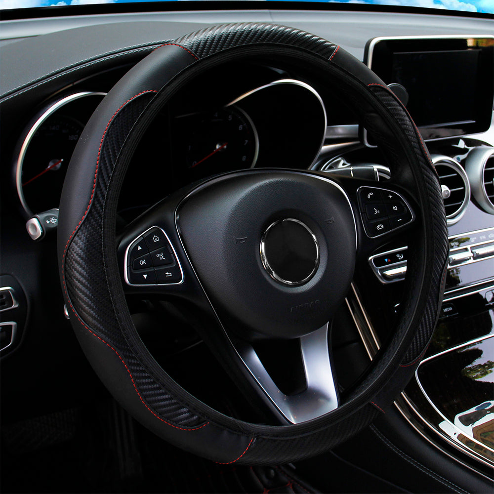PU Leather Carbon Fiber Steering Wheel Cover for 14.5–15 Inch Steering Wheels