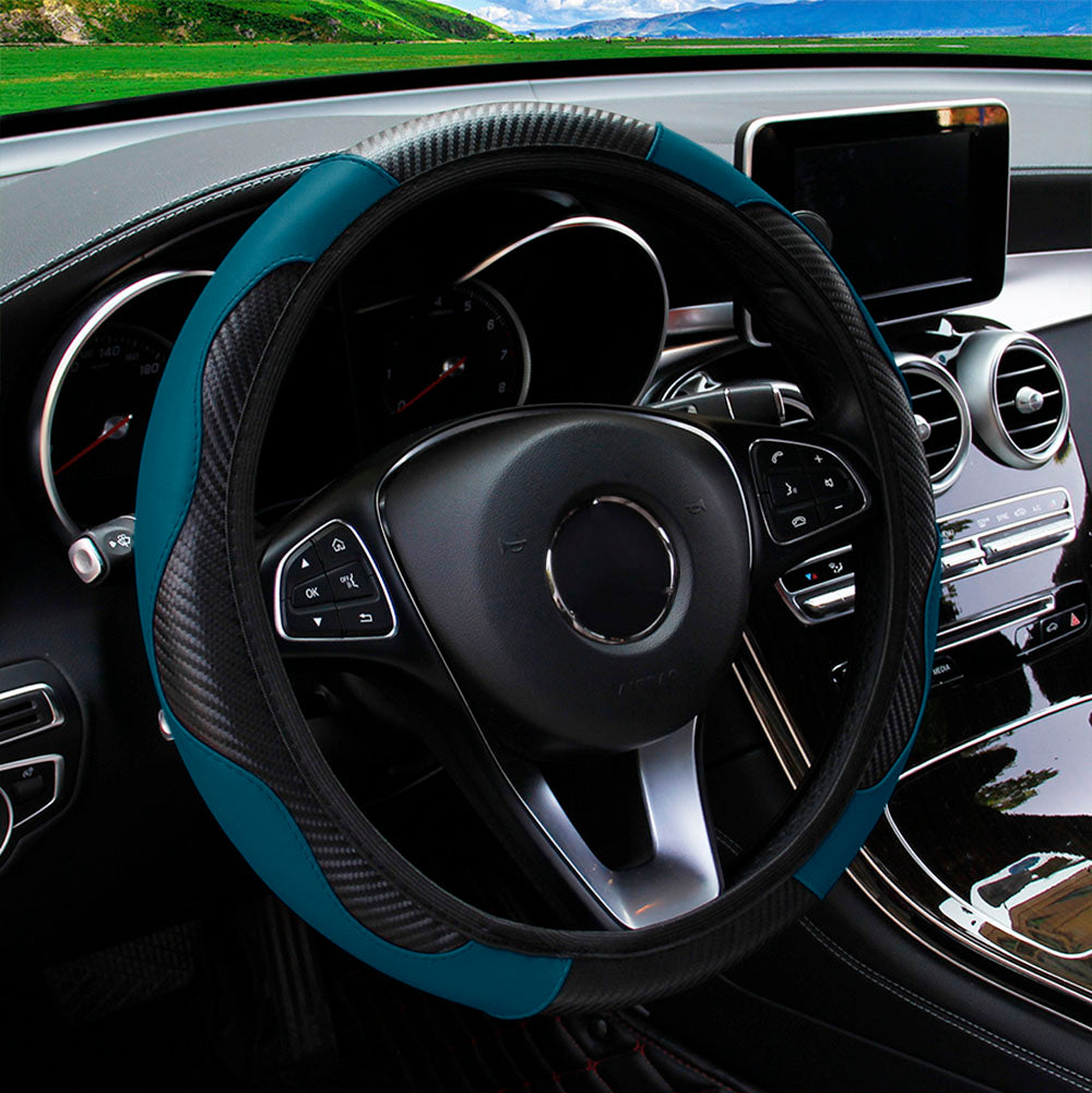 PU Leather Carbon Fiber Steering Wheel Cover for 14.5–15 Inch Steering Wheels