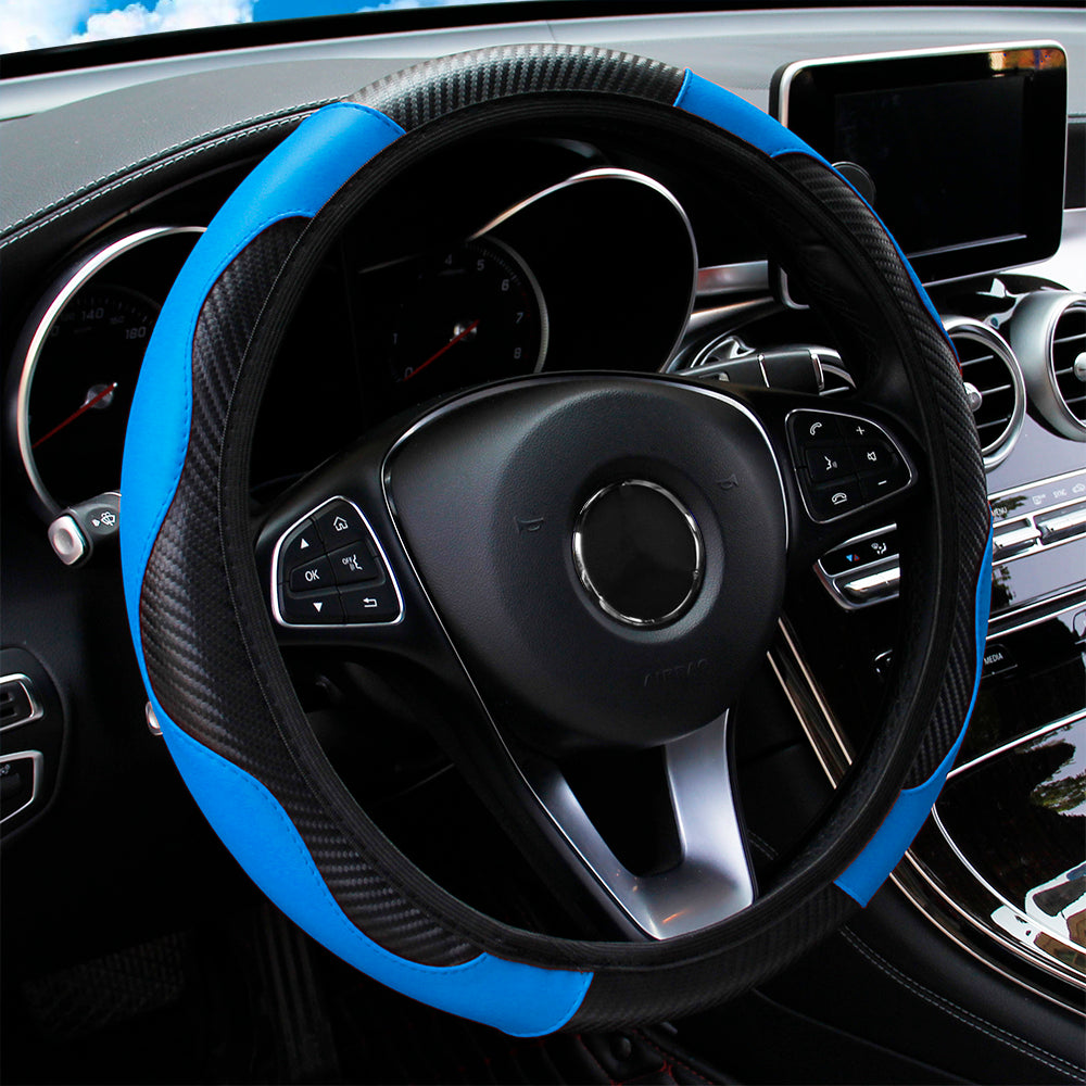 PU Leather Carbon Fiber Steering Wheel Cover for 14.5–15 Inch Steering Wheels