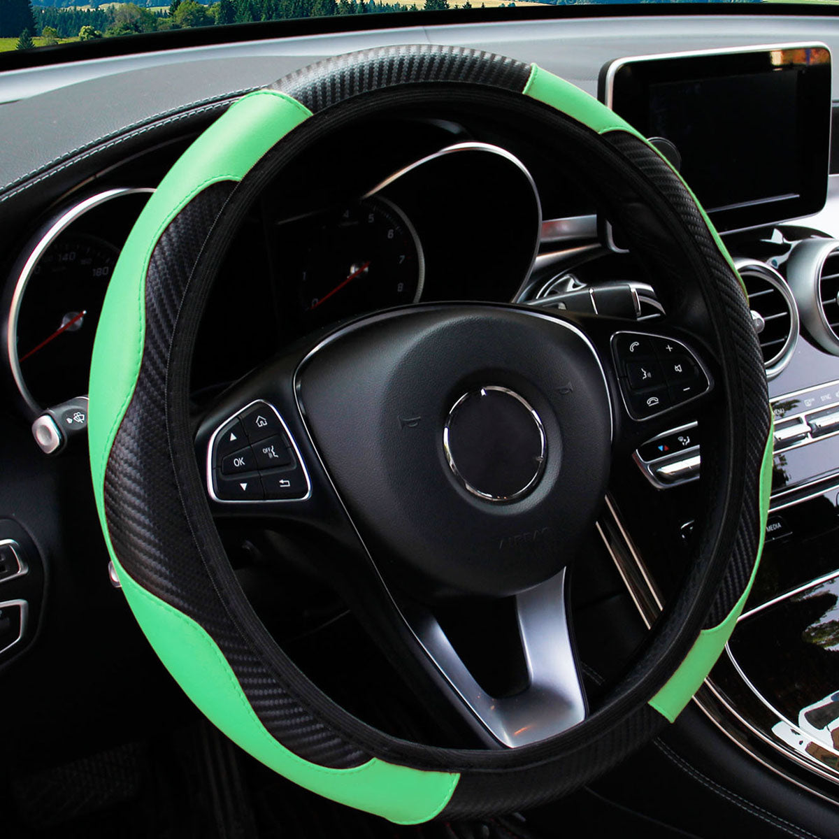 PU Leather Carbon Fiber Steering Wheel Cover for 14.5–15 Inch Steering Wheels