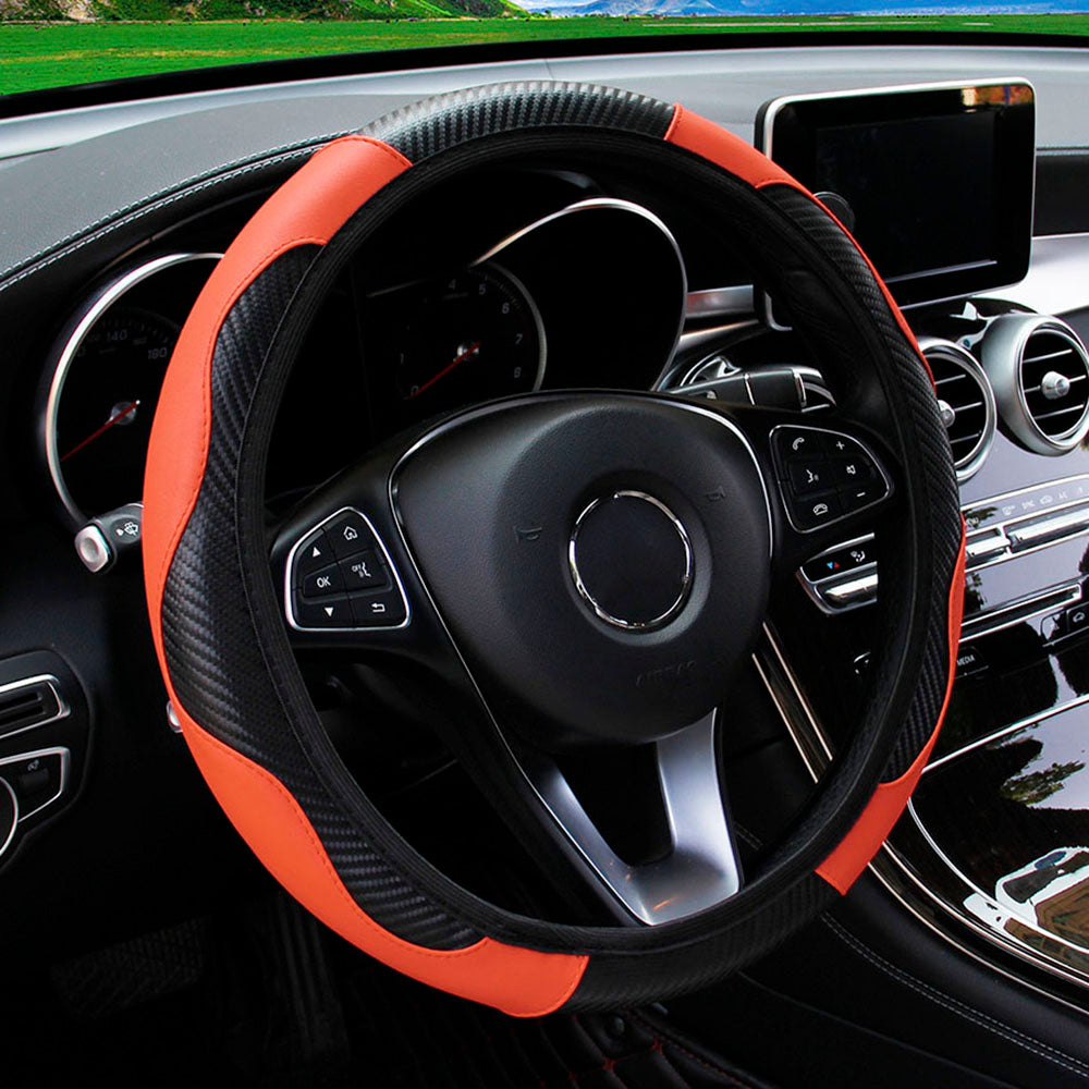PU Leather Carbon Fiber Steering Wheel Cover for 14.5–15 Inch Steering Wheels