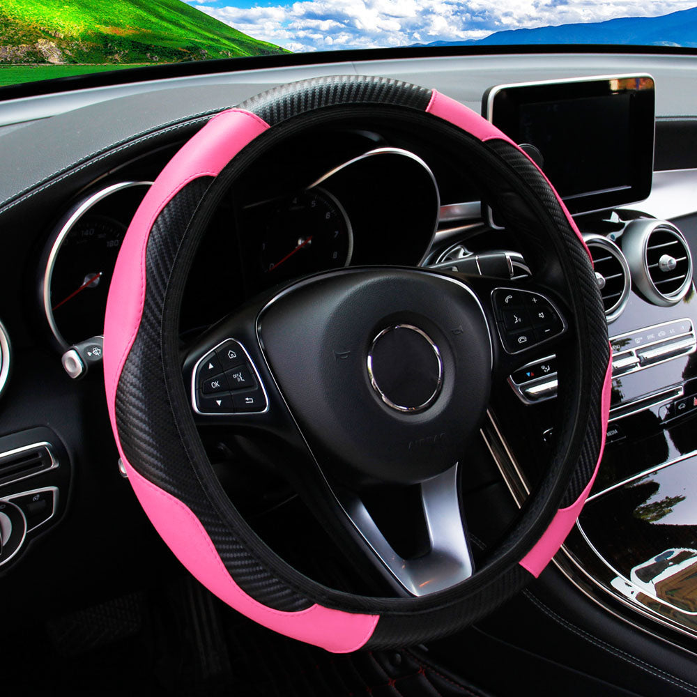 PU Leather Carbon Fiber Steering Wheel Cover for 14.5–15 Inch Steering Wheels
