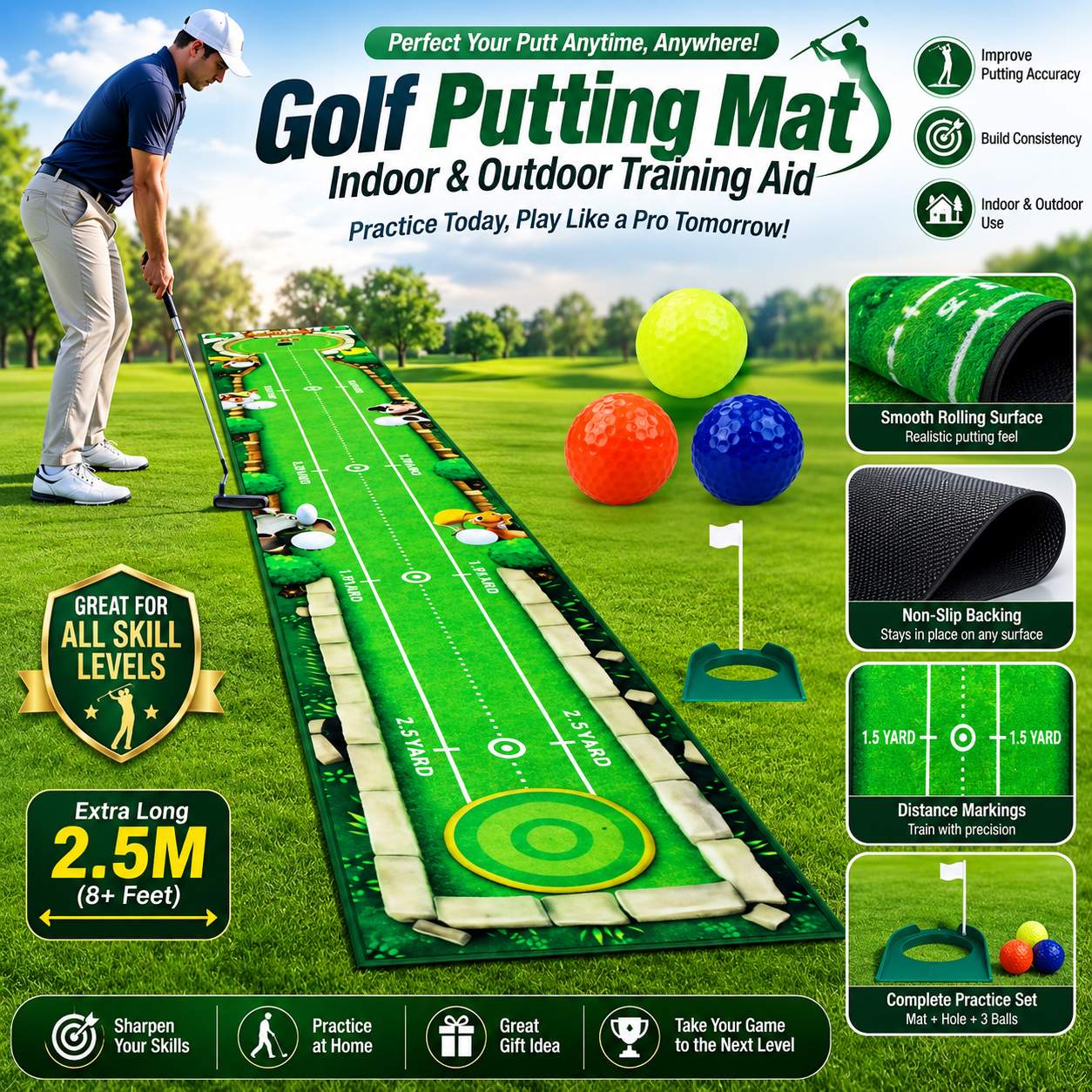 Portable Golf Putting Mat Training Aid for Indoor & Outdoor Putting Practice
